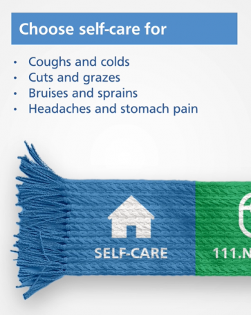 Text says 'Choose self-care for coughs and colds, cuts and grazes, bruises and sprains, headaches and stomach pain'