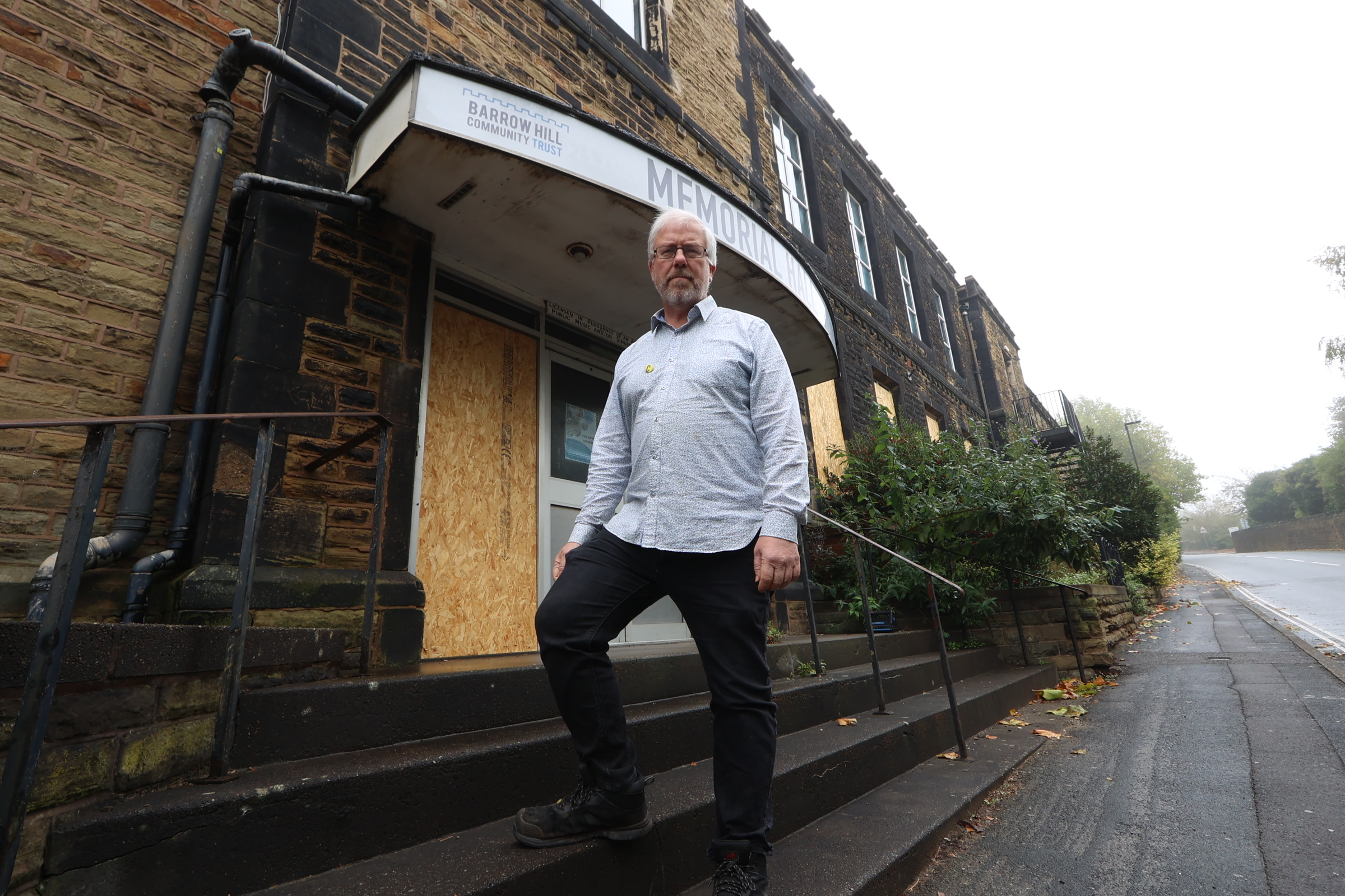 Simon Redding at the entrance to Barrow Hill memorial Hall
