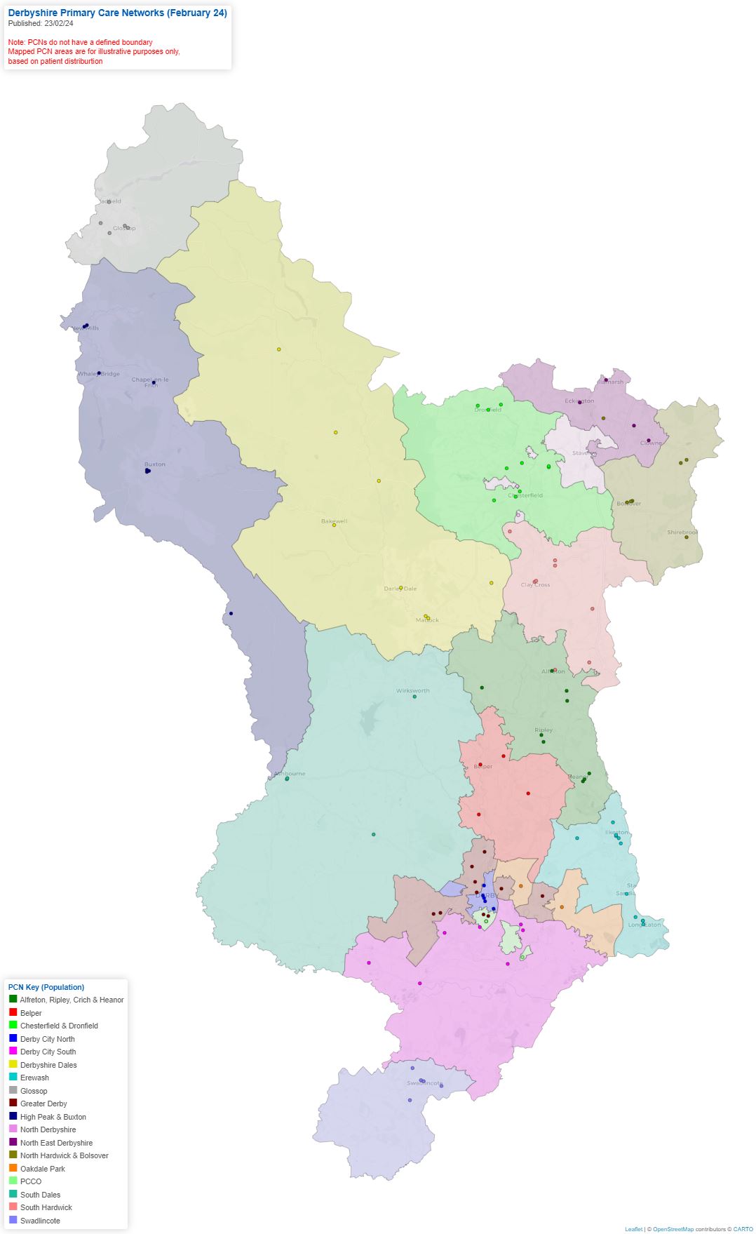 map of Derbyshire Primary Care Network locations